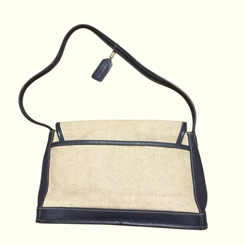 Vintage 90’s Coach Bleeker Flap Handbag Deep Navy Blue Leather & Wheat Canvas